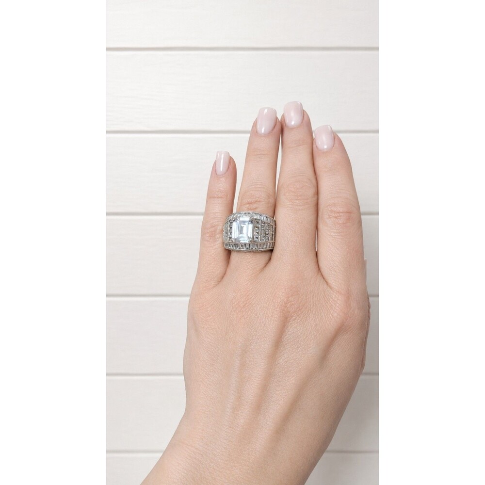 Vintage Cushion Cut Blue Silver  Wide Baguette Bluish Stone Statement Ring 6.5